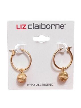 Liz Claiborne Gold Hoop Earrings with Textured Ball Drops